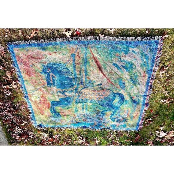 Carousel Horse Merry Go Round -Cotton Woven Blanket Throw Made in the USA 72x54 - Picture 5 of 9